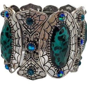 Beautifully Detailed Stretch Silver Colored Cuff with Turquoise Stones New